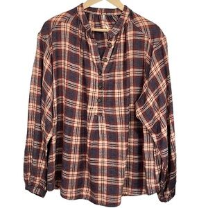 Free People Woven Plaid Peasant Shirt Size Small